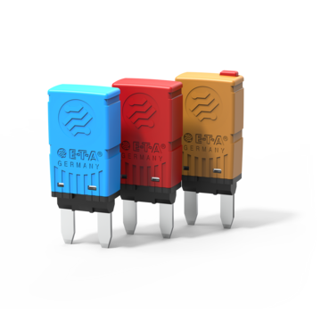 Typ 1620 von E-T-A: Einpoliger, thermischer Sicherungsautomat in Mini-Bauform, der speziell für den Kfz-Bereich geeignet ist.